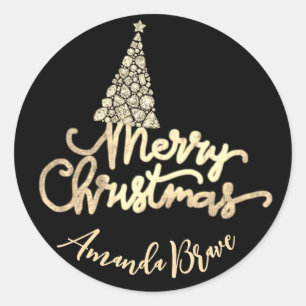 Merry Christmas Tree Script Name BlackGold Diamond Classic Round Sticker