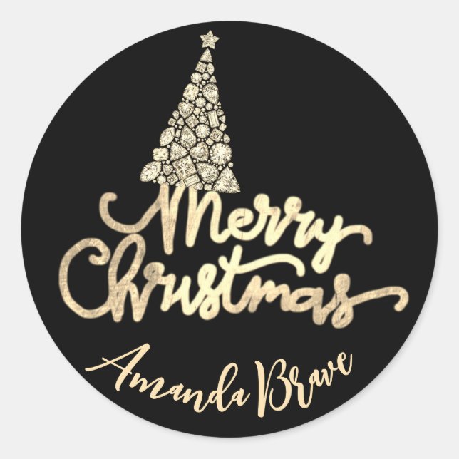 Merry Christmas Tree Script Name BlackGold Diamond Classic Round Sticker (Front)