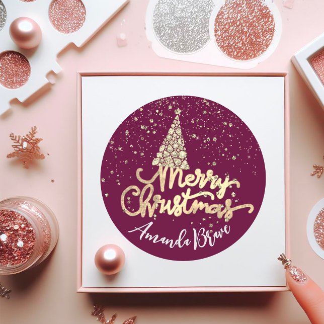 Merry Christmas Tree Script Name Gold Marsala Classic Round Sticker (Merry Christmas Tree Script Name Gold Marsala Classic Round Sticker)