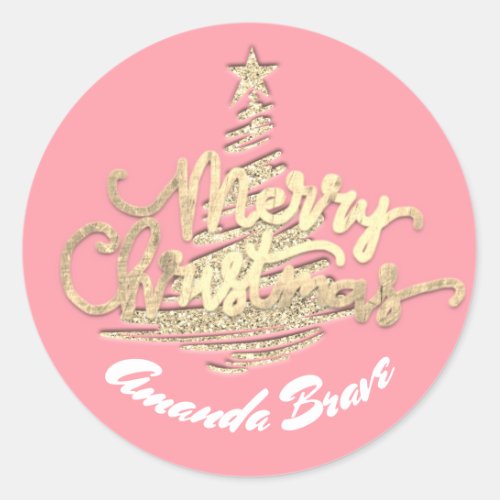Merry Christmas tree Script Name Gold Pink Classic Round Sticker