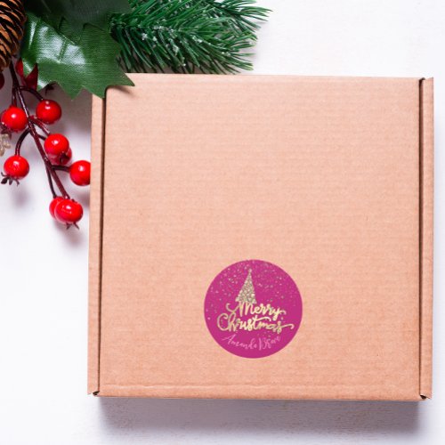 Merry Christmas Tree Script Name Gold Pink Classic Round Sticker