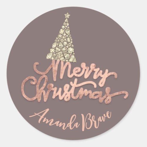 Merry Christmas Tree Script Name Rose Gold Diamond Classic Round Sticker