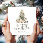 Merry Christmas Tree Script Square Holiday Card<br><div class="desc">Merry Christmas Tree Script Square. Available digitally and printed. Contemporary style. Merry Christmas is in an elegant set script in sage and the rest of the text you can easily personalise. You can chose any colors for text and background via the customise further option. Back is blank and perfect to...</div>