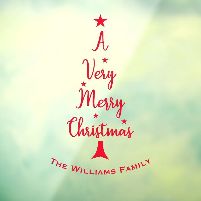 Merry Christmas tree script stars family red Window Cling (Sheet 3)