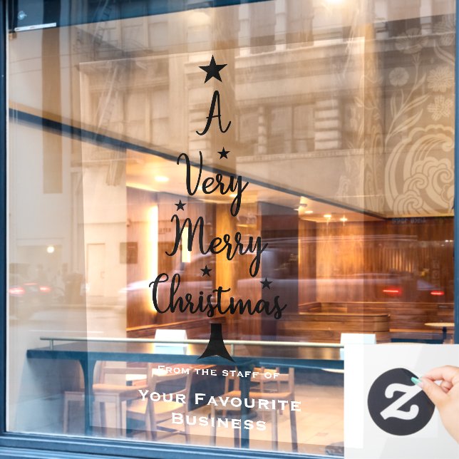 Merry Christmas tree script stars white black Window Cling (Cafe Window)