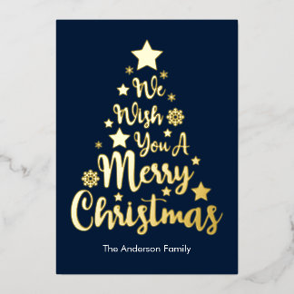 Merry Christmas Tree Shape Blue Foil Holiday Card
