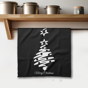 Merry Christmas Tree Silhouette Black Holiday Kitchen Towel