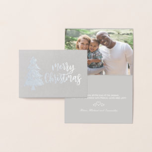 Merry Christmas tree silver calligraphy script Foil Card