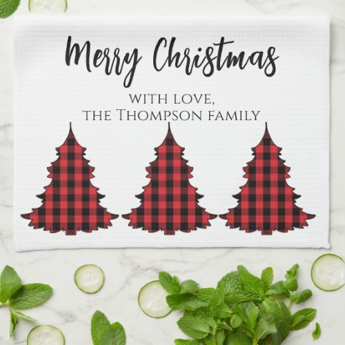 Merry Christmas Tree Simple Buffalo Check Pattern Kitchen Towel