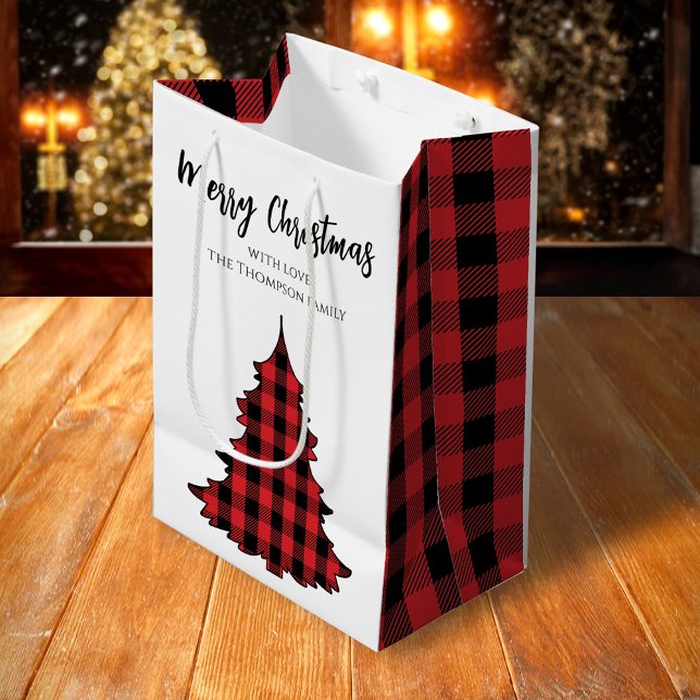 Merry Christmas Tree Simple Buffalo Check Pattern Medium Gift Bag (Merry Christmas holiday red and black buffalo plaid pattern gift bag)