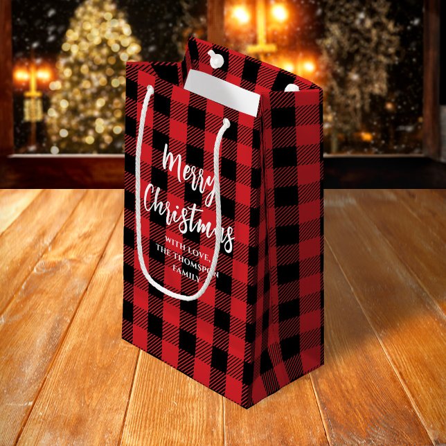 Merry Christmas Tree Simple Buffalo Check Pattern Small Gift Bag (Merry Christmas Calligraphy Buffalo Check pattern gift bag)