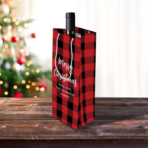 Merry Christmas Tree Simple Buffalo Check Pattern Wine Gift Bag