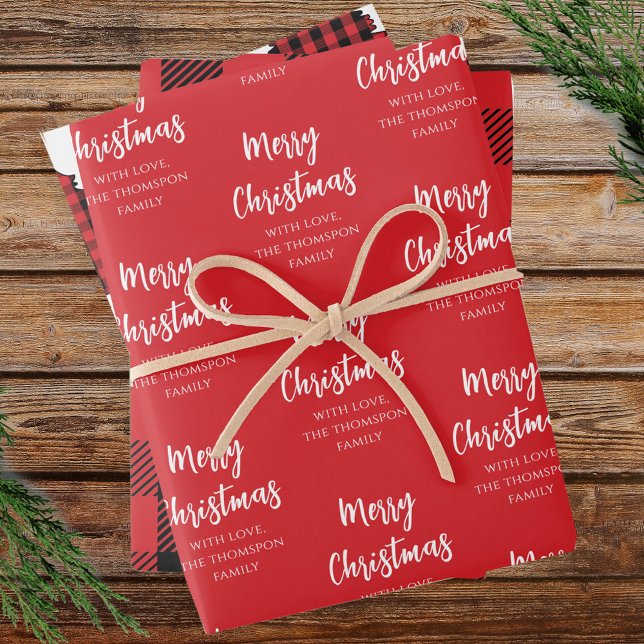 Merry Christmas Tree Simple Buffalo Check Pattern Wrapping Paper Sheets (Merry Christmas custom red, white and black buffalo check style gift wrap. )