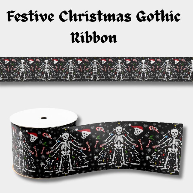 Merry Christmas Tree Skeleton Pattern Grosgrain Ribbon (Creator Uploaded)