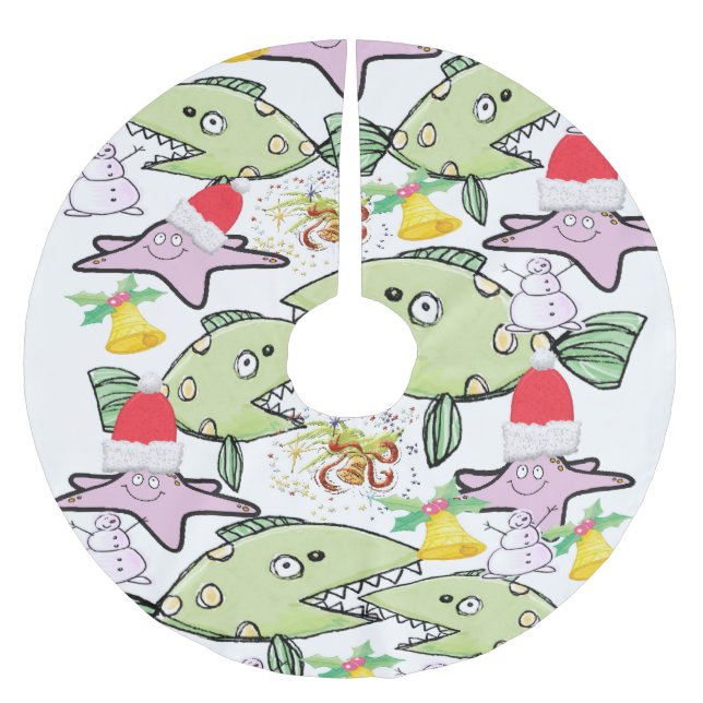 Merry Christmas Tree Skirt Santa Hat, Fish Ocean  (Front)
