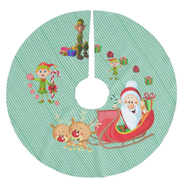 Merry Christmas Tree Skirt Santa Sleigh Elves Deer (Front)