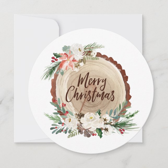 Merry Christmas Tree slice Floral Photo Card (Front)