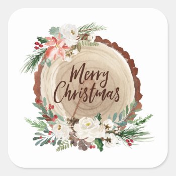 Merry Christmas Tree Slice Floral Sticker by rheasdesigns at Zazzle