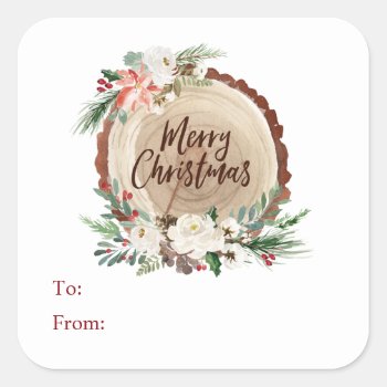 Merry Christmas Tree Slice Floral To/from Sticker by rheasdesigns at Zazzle