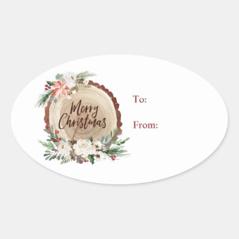 Merry Christmas Tree Slice Floral To/from Sticker by rheasdesigns at Zazzle