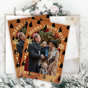 Merry Christmas Tree Snow Flakes Light Brown Photo Foil Greeting Card