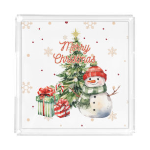 Merry Christmas Tree Snowman and Presents Acrylic Tray