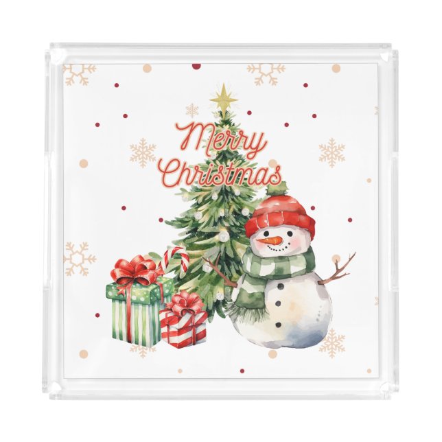 Merry Christmas Tree Snowman and Presents Acrylic Tray (Front)