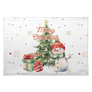 Merry Christmas Tree Snowman and Presents Cloth Placemat