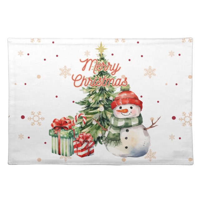 Merry Christmas Tree Snowman and Presents Cloth Placemat (Front)