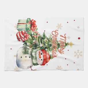 Merry Christmas Tree Snowman and Presents Kitchen Towel