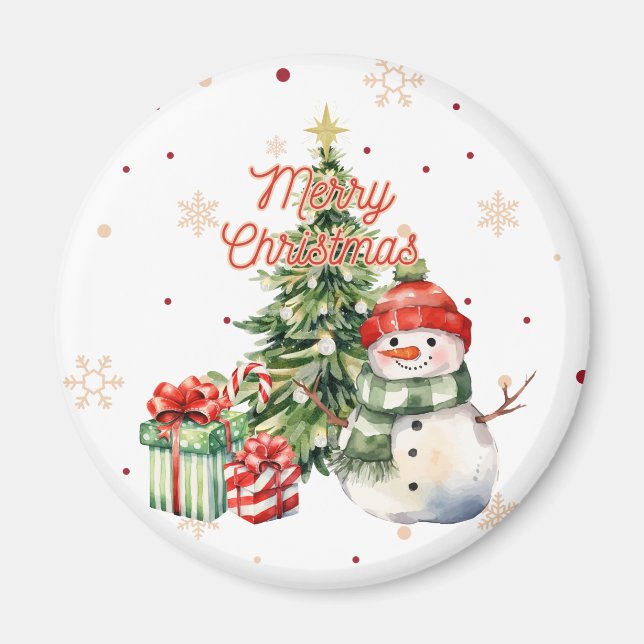 Merry Christmas Tree Snowman and Presents Magnet (Front)