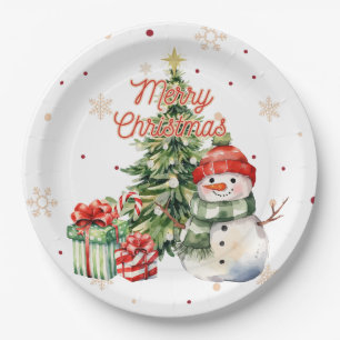 Merry Christmas Tree Snowman and Presents Paper Plates