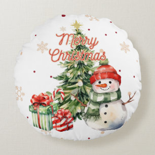 Merry Christmas Tree Snowman and Presents Round Pillow