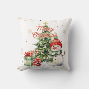 Merry Christmas Tree Snowman and Presents Throw Pillow