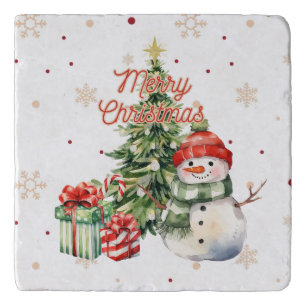 Merry Christmas Tree Snowman and Presents Trivet