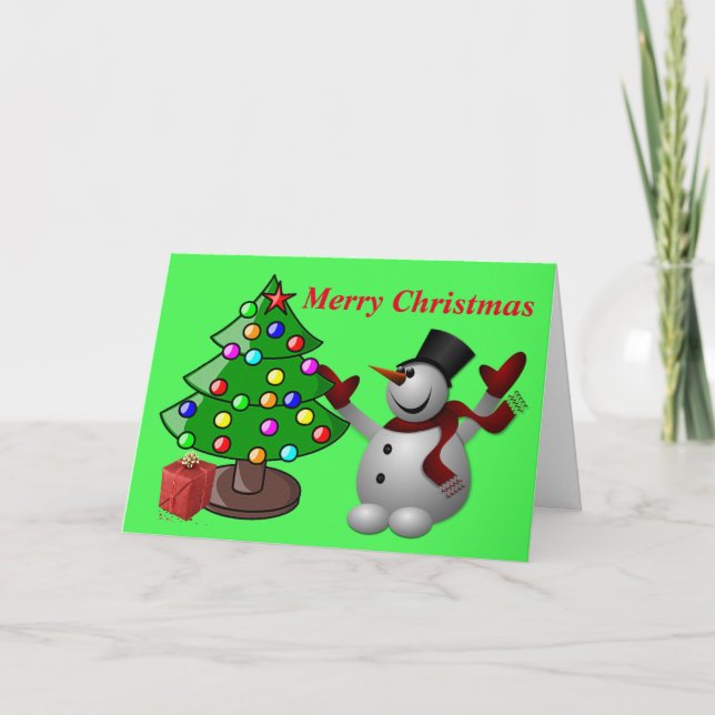 Merry Christmas Tree & Snowman Greeting Card (Front)