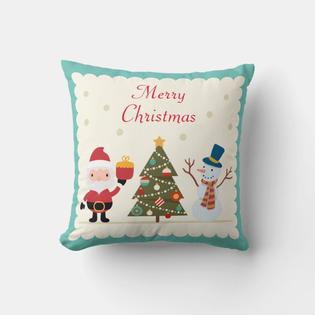 Merry Christmas Tree Snowman Santa Claus Throw Pillow (Front)