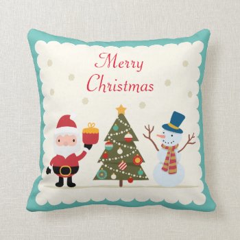 Merry Christmas Tree Snowman Santa Claus Throw Pillow by UrHomeNeeds at Zazzle