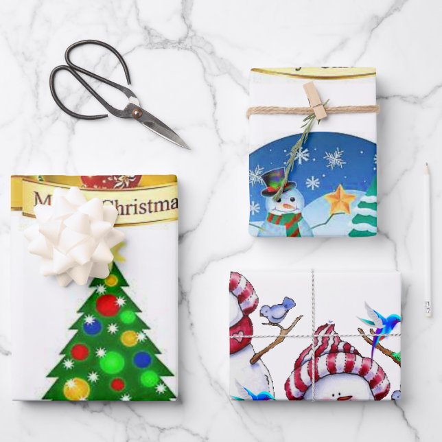 Merry Christmas Tree Snowman  Wrapping Paper Sheets (Front)