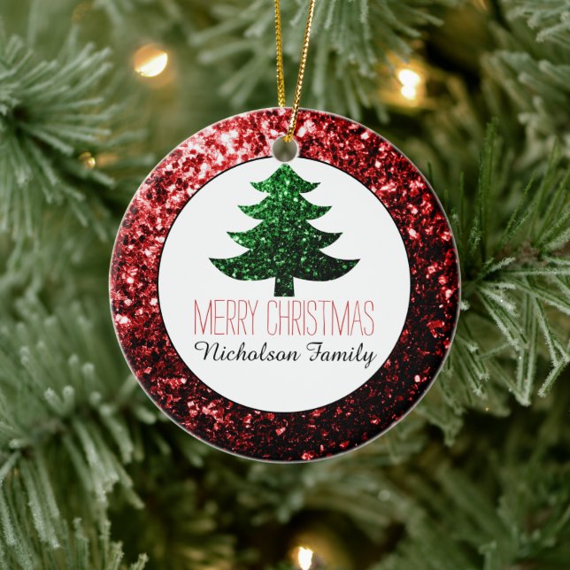 Merry Christmas tree sparkles Red Custom name Ceramic Ornament (Tree)