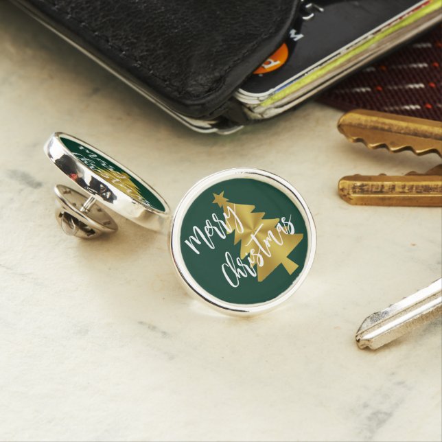 Merry Christmas Tree Star Green Gold White Script Lapel Pin (In Situ)