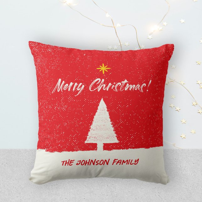 Merry Christmas Tree Star Red White Brush Script Throw Pillow (Merry Christmas Tree Star Red White Brush Script Throw Pillow ©Susanne Sachers - Sunny Mind Design)