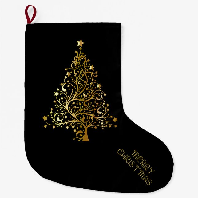 Merry Christmas Tree Stars Black Gold Shiny Chic Large Christmas Stocking (Front)