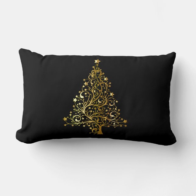Merry Christmas Tree Stars Black Gold Shiny Chic Lumbar Pillow (Front)