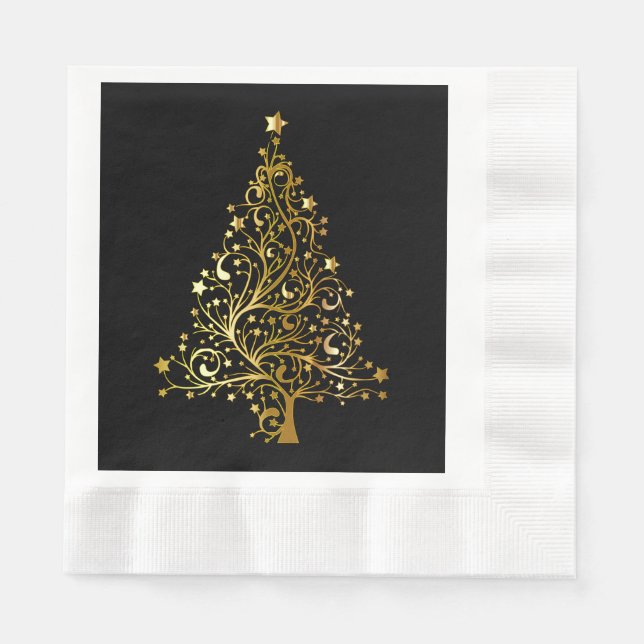 Merry Christmas Tree Stars Black Gold Shiny Chic Napkins (Front)