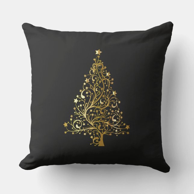 Merry Christmas Tree Stars Black Gold Shiny Chic Outdoor Pillow (Front)