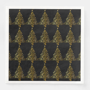 Merry Christmas Tree Stars Black Gold Shiny Chic Paper Dinner Napkins