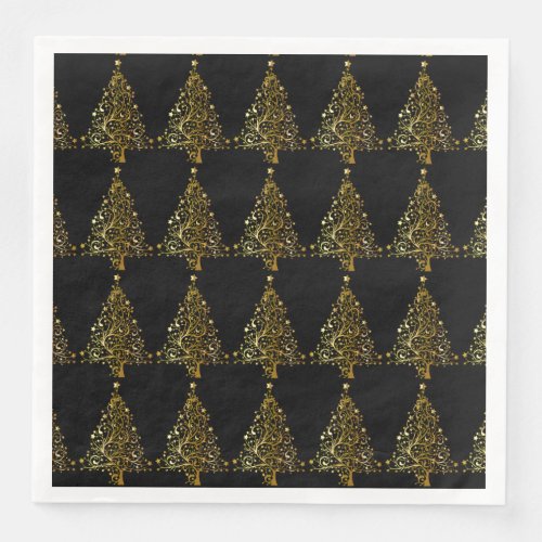 Merry Christmas Tree Stars Black Gold Shiny Chic Paper Dinner Napkins