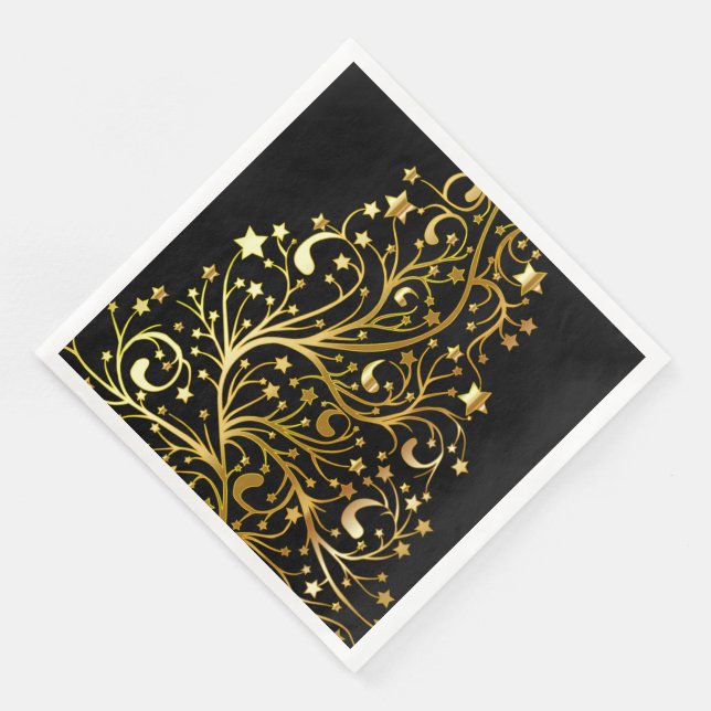 Merry Christmas Tree Stars Black Gold Shiny Chic Paper Dinner Napkins (Corner)