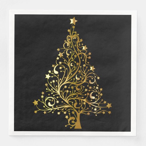 Merry Christmas Tree Stars Black Gold Shiny Chic Paper Dinner Napkins